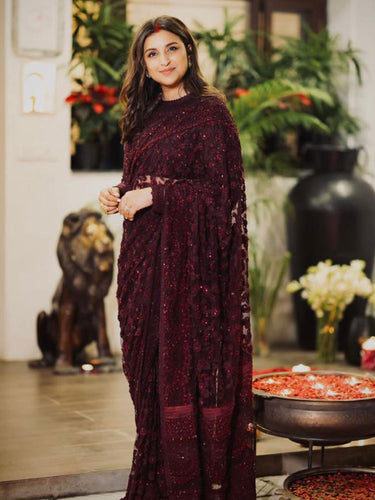 PARINEETI CHOPRA IN MARSALA MAJESTY SAREE SET