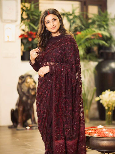 PARINEETI CHOPRA IN MARSALA MAJESTY SAREE SET