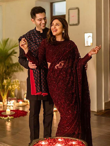 PARINEETI CHOPRA IN MARSALA MAJESTY SAREE SET