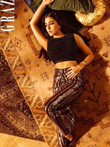 SARA ALI KHAN IN SILVER - BLACK JACKET SET