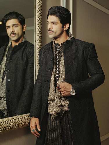TAHASHAH IN BLACK SHERWANI SET