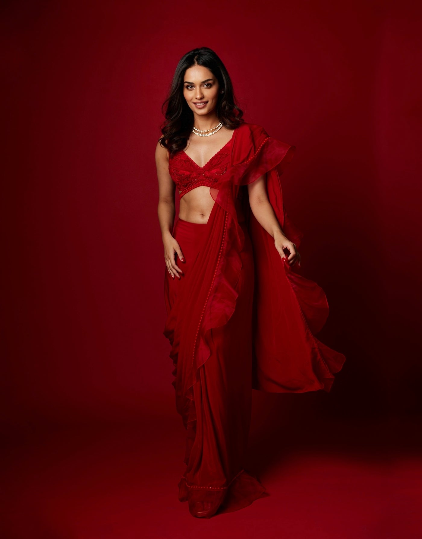 Manushi Chhillar in Garnet Glamour saree set