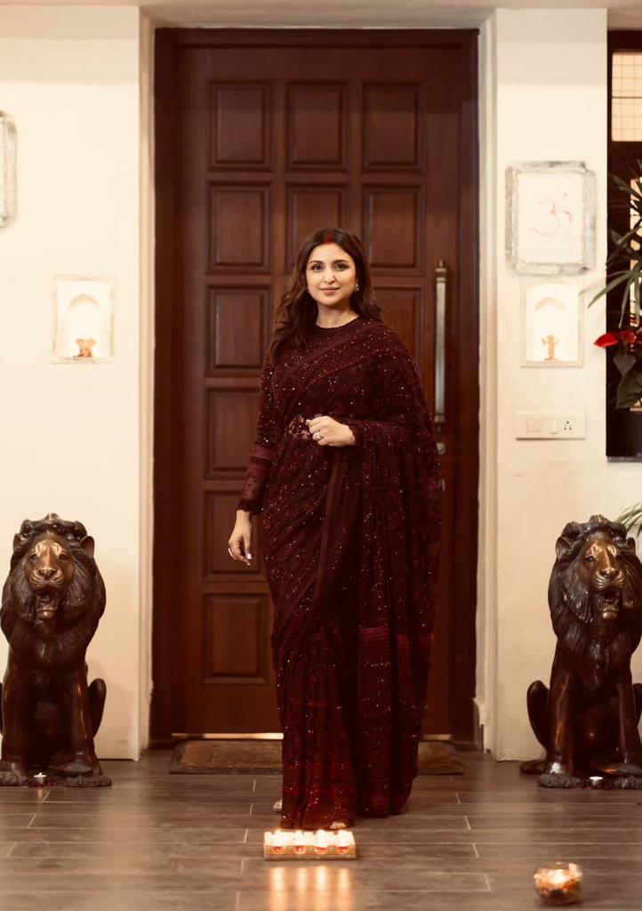 Parineeti chopra in Marsala Majesty saree set